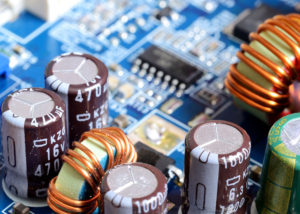 Close up of inductors, capacitors and chips