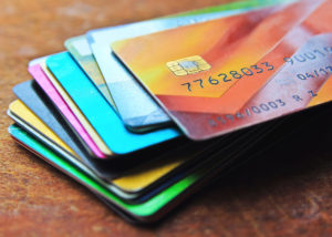 Big stack of multicolored credit cards