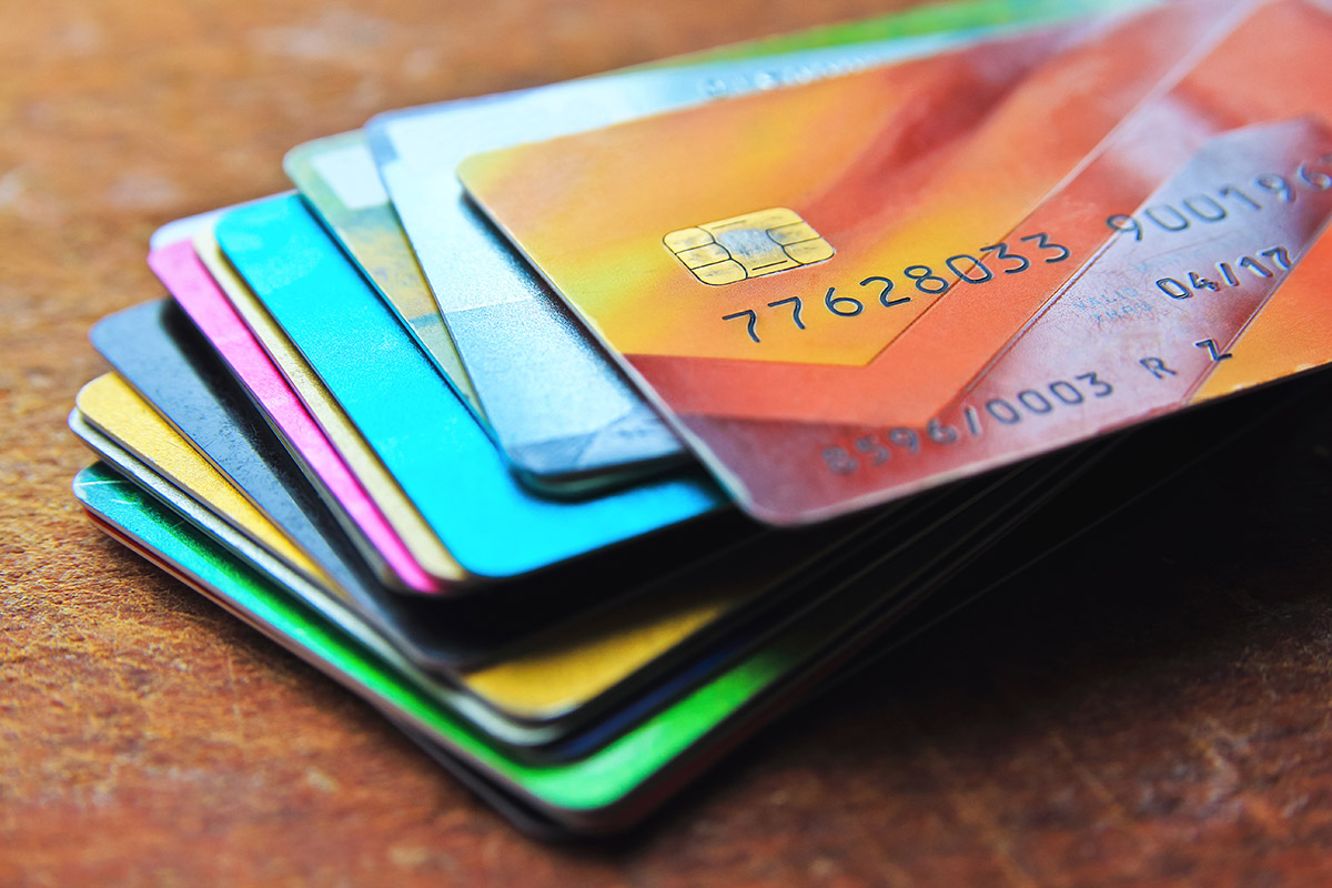 Big stack of multicolored credit cards